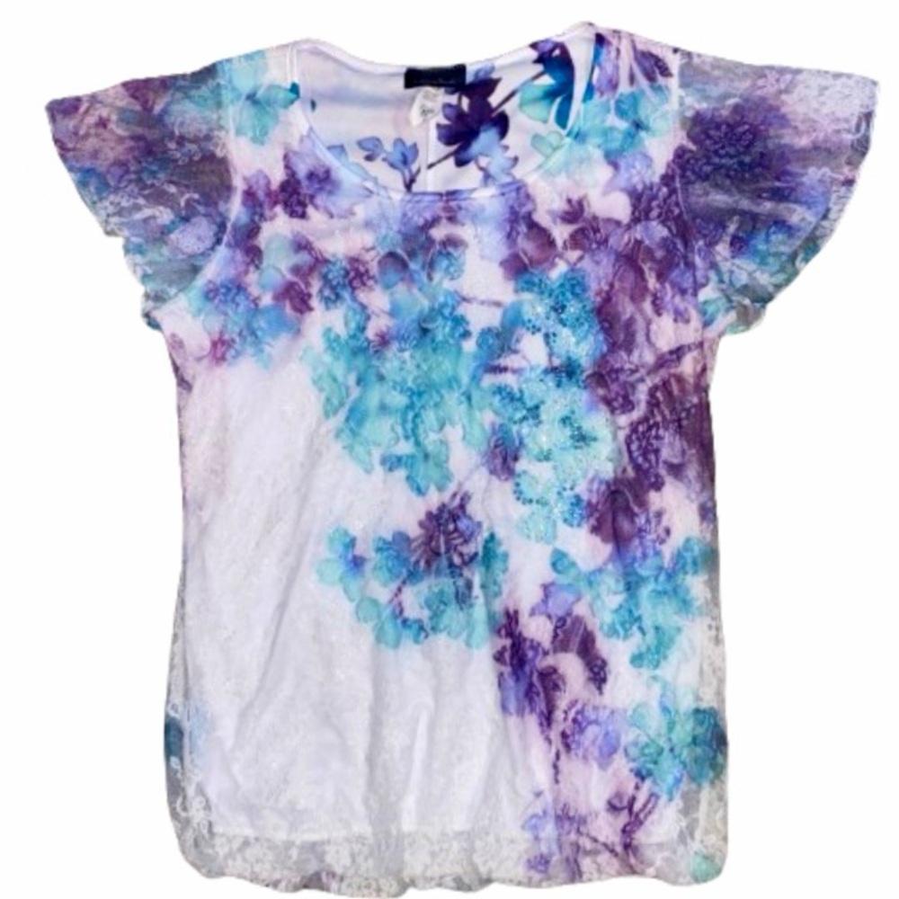 Brittany Black Women’s Small Purple & Teal Sequin Lace Floral Ruffle Sleeve Top